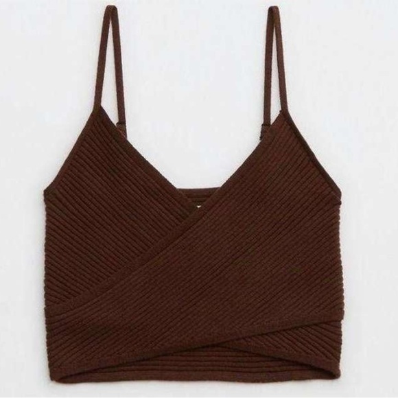 Aerie Women L Brown Ribbed Knit Wool Blend Crop Cross Front Sweater Tank Top NWT - Picture 3 of 14